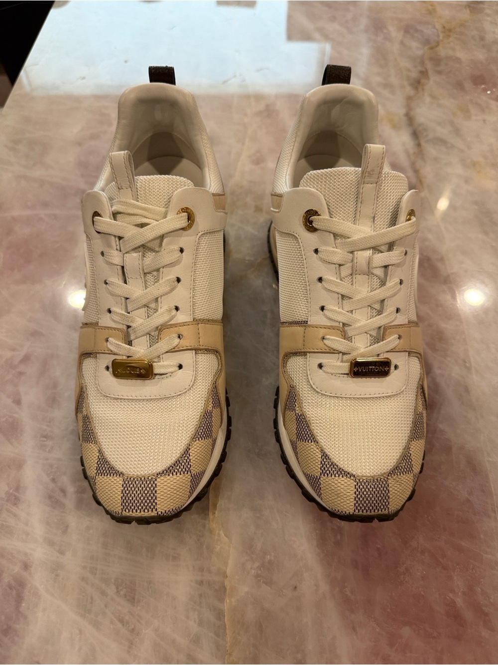 Louis Vuitton White & Beige Checker Mesh Low-Top Sneakers